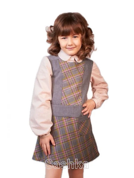 Сарафан для дівчинки Sashka шкільний сірий в рожеву клітинку (напіввовна), розмір 116-146